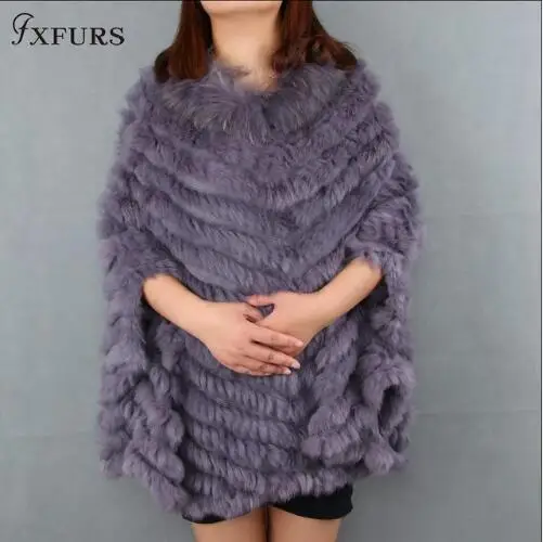 FXFURS настоящая Вязаная Шаль из кроличьего меха, женская модная меховая накидка с воротником из меха енота, осенний свитер с рукавами летучая мышь - Цвет: grey