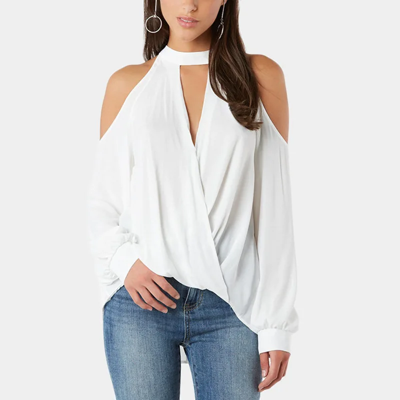 

Sexy Blouses 2019 Spring Sexy Cold Shoulder Top Elegant Long Sleeve Blouse Plain OL Office Shirt Halter Tops Blusa Feminina