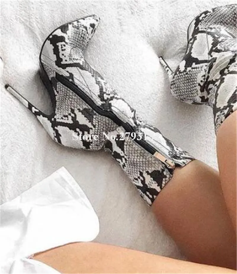 Women Sexy Pointed Toe Snake Pattern Leather Thin Heel Short Boots Zipper-up Slim Style High Heel Ankle Boots Club Dress Shoes Women Sexy Pointed Toe Snake Pattern Leather Thin Heel Short Boots Zipper-up Slim Style High Heel Ankle Boots Club Dress Shoes