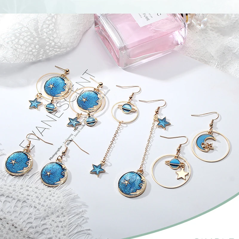 Women Blue Metal Asymmetric Geometry Starry Moon Planet Stud Earrings Long Wild Sweet Jewelry Eardrop One size | Украшения и
