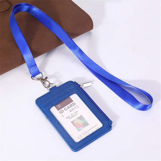 Solid color leather zipper id badge card holder lanyard necklace card