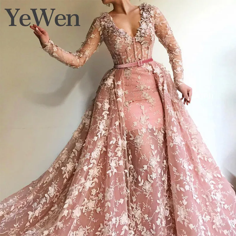 YeWen Muslim Evening dress Long Sleeves Lace Evening Dresses 2019 New Flowers Lace Appliques V-Neck Pearls Fashion Prom Gowns YeWen Muslim Evening dress Long Sleeves Lace Evening Dresses 2019 New Flowers Lace Appliques V-Neck Pearls Fashion Prom Gowns