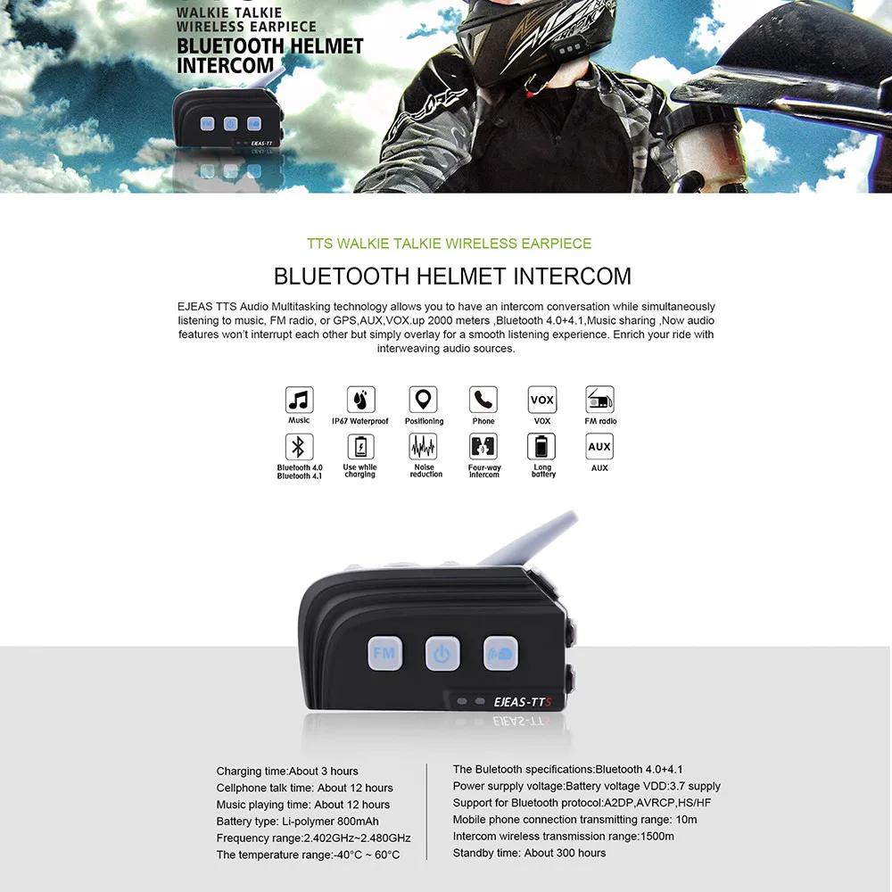 2 шт. ejeas TTS двойной Bluetooth Интерком мотоциклетный шлем BT комплект гарнитуры Max 4