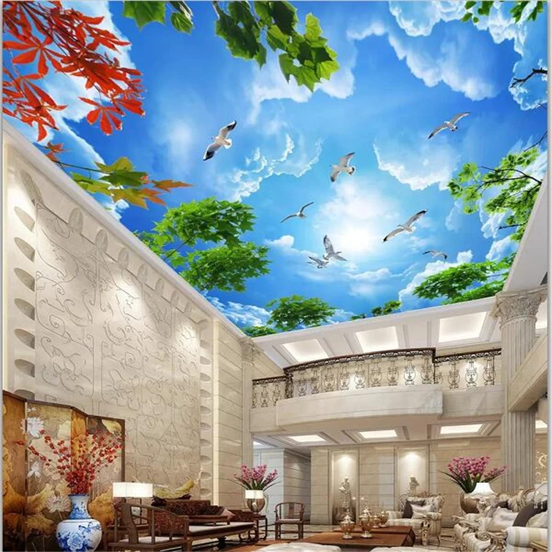 

wellyu Customized large wallpaper murals 3d beautiful blue sky and white clouds branches living room ceiling zenith 3d murals