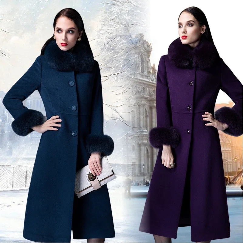 New Quality Women Long Fox Fur Collar Wool Coat Luxury Thicken Single ...