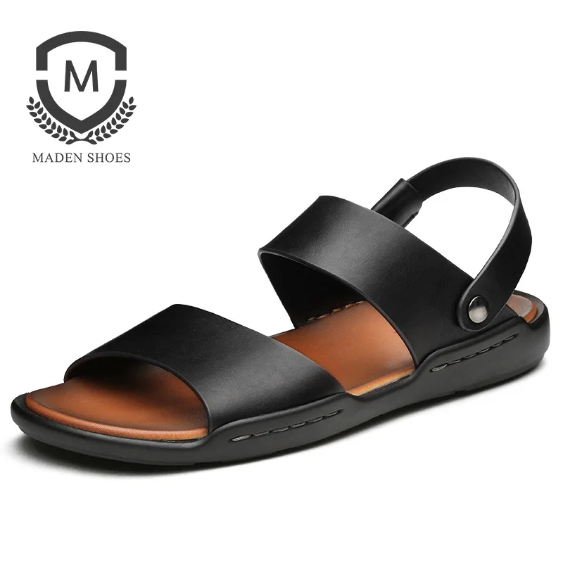 Maden; летние мужские сандалии из восковой кожи; шлепанцы; 2 варианта использования; пляжная обувь; Цвет черный, коричневый; Корейская Повседневная универсальная Классическая эластичная лента
