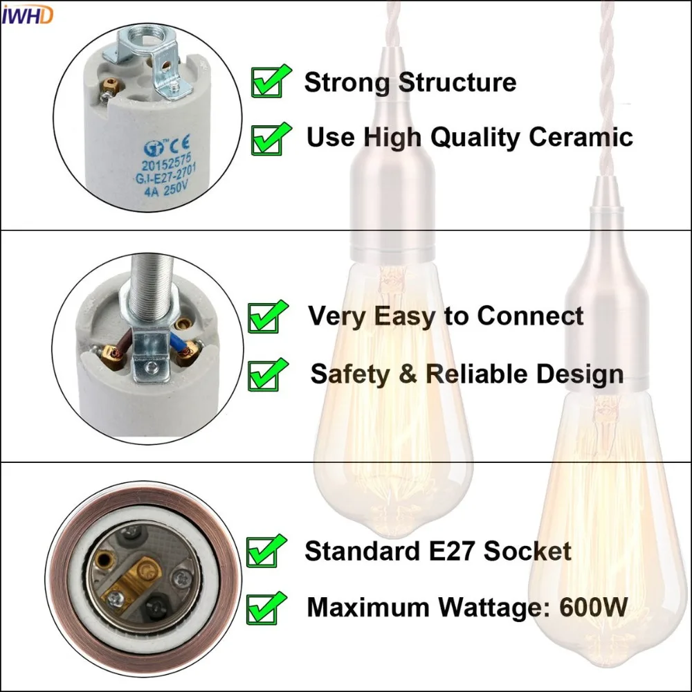 IWHD бутылка из серии «сделай сам» 110-220V Ламподержатель E27 патрон Portalamparas Винтаж Douille Soquete E27 лампа светильник держатель на базе CE UL