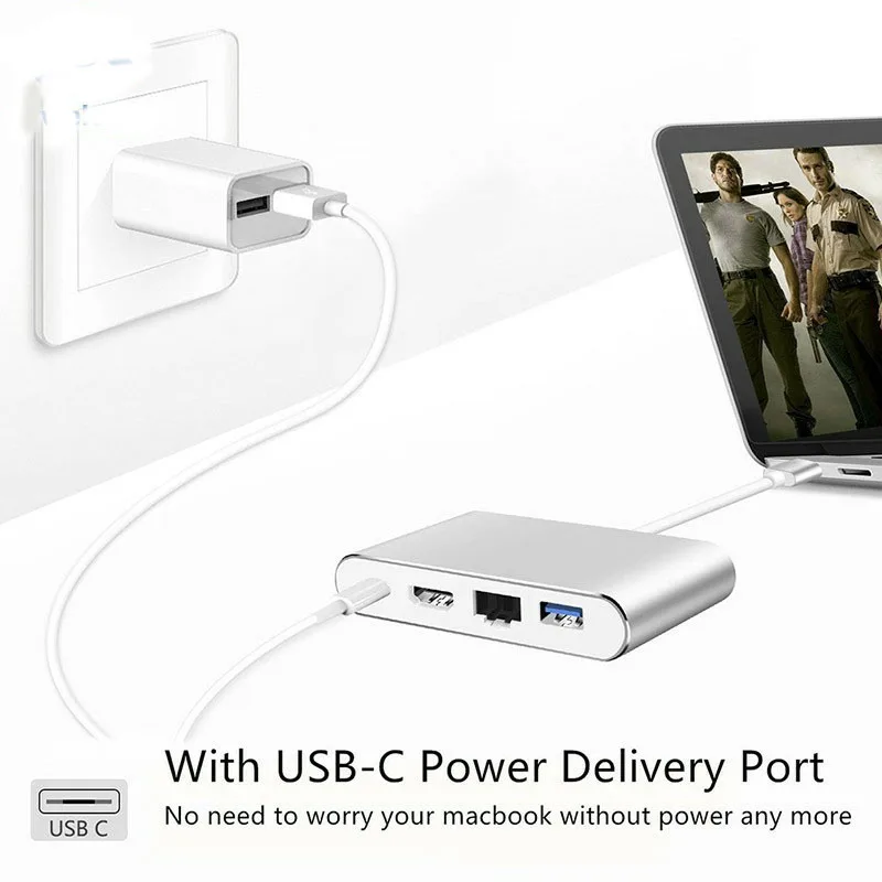 Basix 4 в 1 USB C адаптер концентратор 3 Type к HDMI 4K + Gigabit Ethernet RJ45 0 многопортовый цифровой