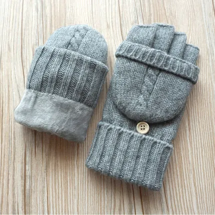 Мужские перчатки без пальцев, зимние вязаные шерстяные рукавицы, плюс бархатные утолщенные теплые рукавицы, мужские перчатки для вождения на половину пальцев - Цвет: Light gray