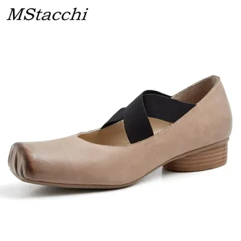 

MStacchi 2019 New Spring Cross Tied Women Pumps Square Toe Footwear Thick Low Heels Female Casual Shoes Cow Leather Shoes Woman