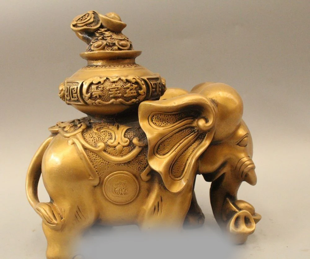 

9" China Brass Lucky Wealth Elephant treasure bowl bottle gourd Yuan Bao Statue