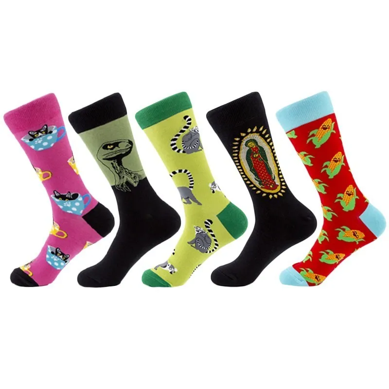

PEONFLY Harajuku Happy Socks Men Funny Combed Cotton Dress Casual Wedding Socks Colorful Cartoon Cat Dinosaur Novelty Socks Men