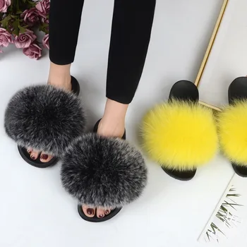 

Hot Sale Fox Fur Slippers Women 2019 Fashion Sliders With Real Fox Fur Summer Flats Sweet Ladies Shoes