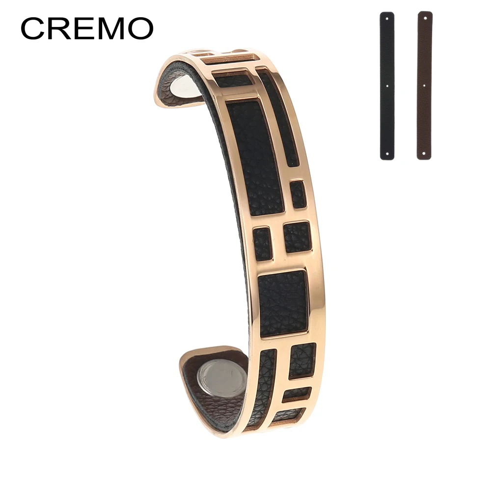 

Cremo Labyrinth Bangles For Women Rose Gold Stainless Steel Bracelets Bijoux Femme Manchette Reversible Cuff Leather Pulseiras