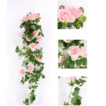 

Artificial Rose Flower Vine Wedding Decorative Real Touch Silk Flowers With Green Leaves for Home Hanging Garland Decor