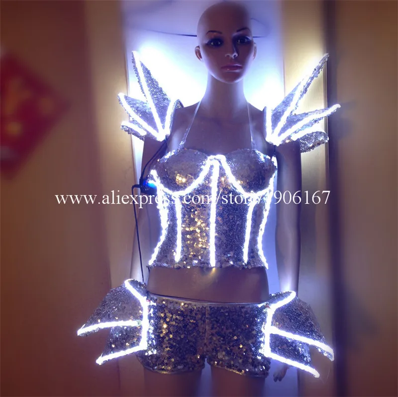 White Color Led Light Flashing Sexy Women Suit Dress Costume Led Luminous Sexy Lady Bra Vest And Pants Suit  For  Party DJ Club0