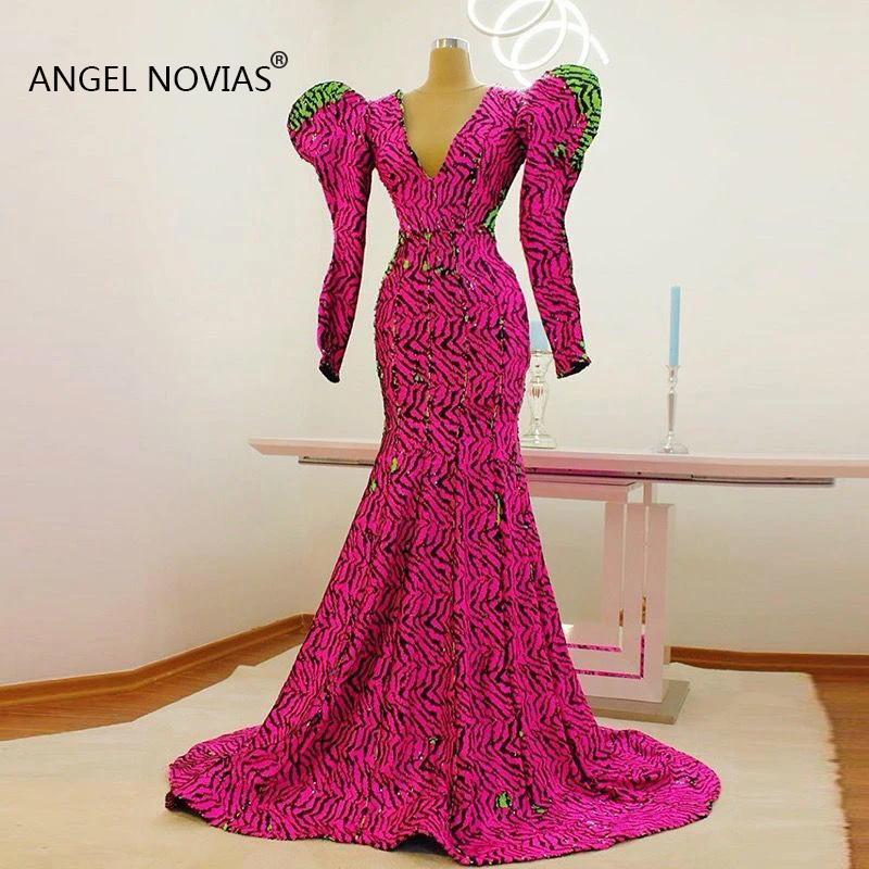

Long Sleeves Sequins Mermaid Evening Dresses 2019 Abendkleider 2019 Pink Saudi Arabic robe longue de soiree