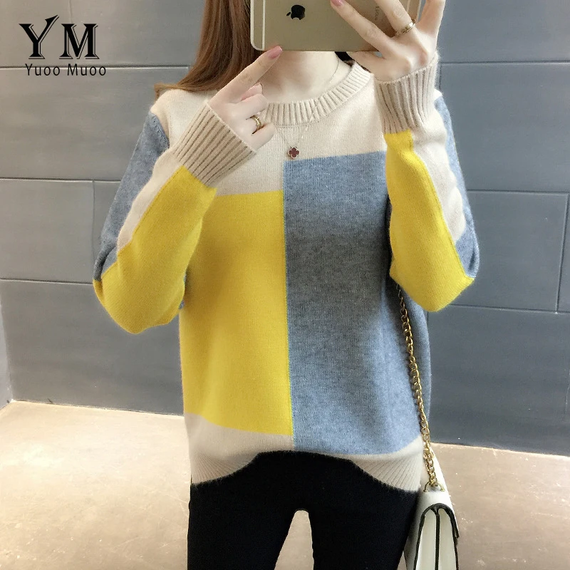 

YuooMuoo New Autumn Loose Elastic Slim Thick Patchwork Colors Pullovers Sweater Women Soft Knitted Jumper Preppy Style Sweater