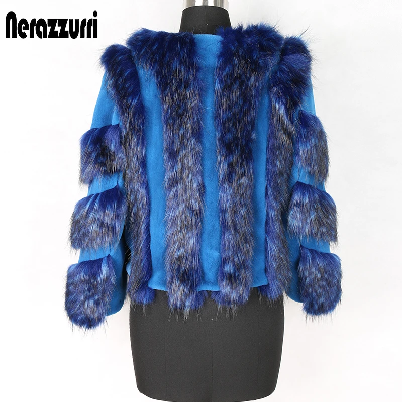 Nerazzurri Winter fox fur and rex rabbit fur color block patchwork fake fur jacket blue short warm big size faux fur coat women