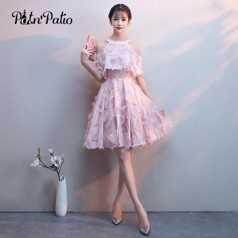 

Sexy Feathers Short Evening Dress with Jacket Sweet Halte Off Shoulder A-Line Pink Formal Party Gown Special Occasion Dresses