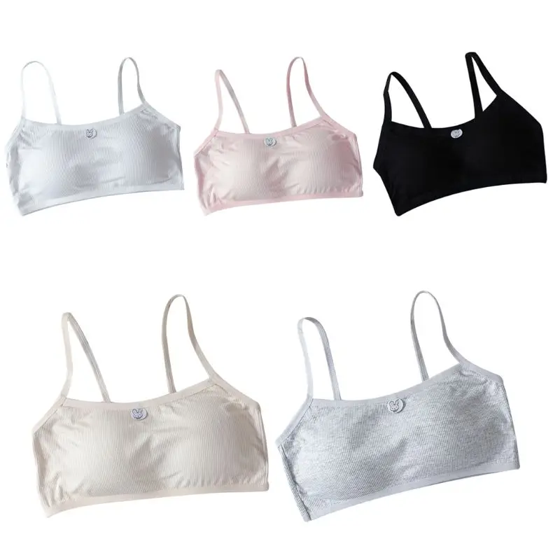 

Puberty Girl Spaghetti Straps Sport Training Bra Underwear Thread Ribbed Cute Rabbit Applique Bralette Removable Padded Vest