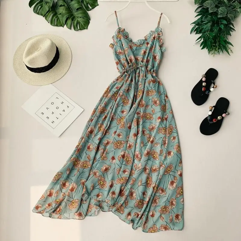 

2019 new fashion women's summer dresses literary V-neck backless sleeveless waist dress female
