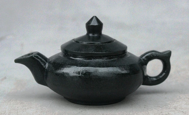 

China Wealth Hand Carved Black Green Jade Teapot Kettle Flagon Wine Pot Statue