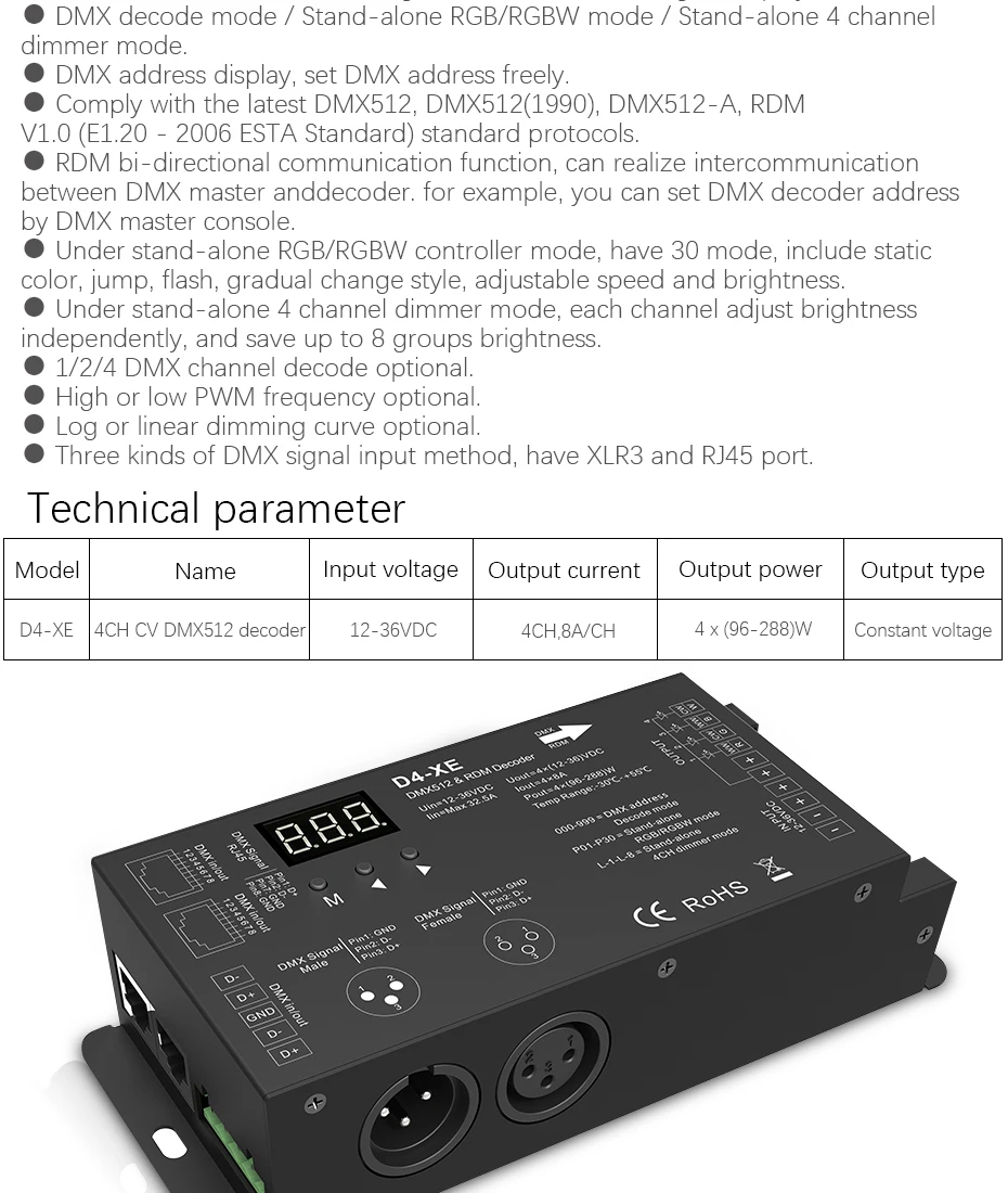 4 канал ПВМ постоянное напряжение DMX декодер с цифровым дисплеем XLR3 и RJ45 порт DC12-36V вход; 8A* 4CH выход максимальная мощность 1152 Вт