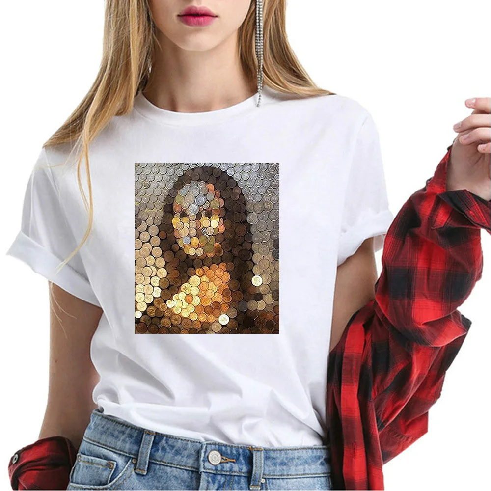 

Mona Lisa cartoon fun fashion print T-shirt spoof personality fashion Harajuku New summer Casual Women's Clothing White Tee