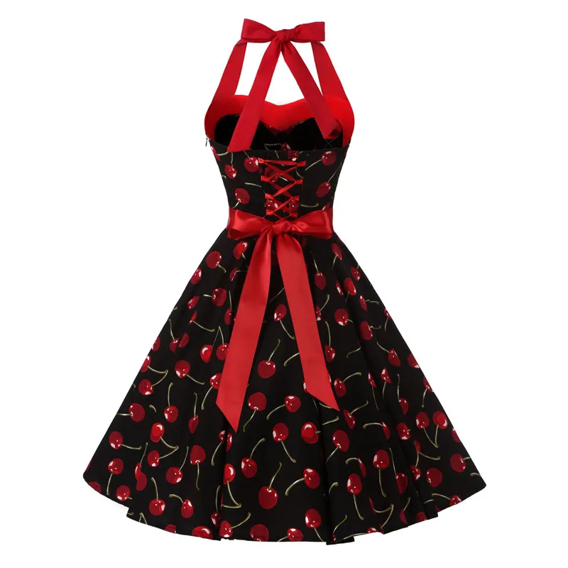 Для женщин красная вишня вечерние платье Винтаж в стиле 50-х Хепберн платье Элегантное летнее цельное платье без бретелек для свинга в стиле ретро с лямкой на шее в стиле пин-ап платье