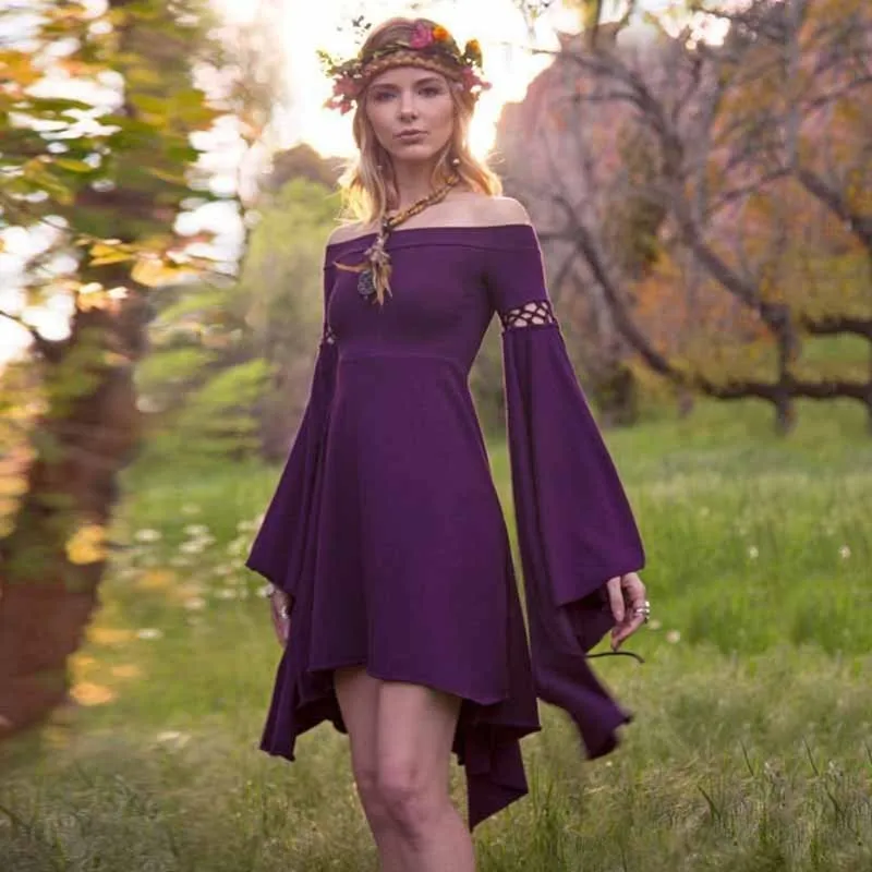 

2020 Spring Slash Neck Flare Sleeve Lolita Pendulum Dress Asymmetrical Hem Bigger Oversize Drop Shoulder Slask Neck Black Cotton