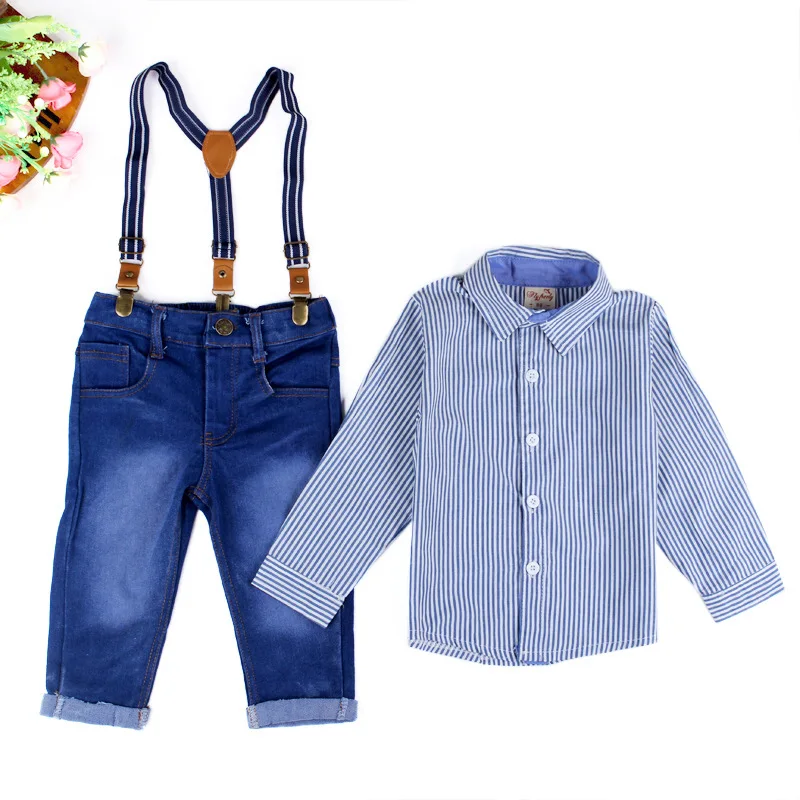 Летний детский комплект одежды для мальчиков, синяя полосатая футболка с длинными рукавами+ джинсы на лямках, комплект детской одежды, комплект одежды для маленьких мальчиков - Цвет: as picture