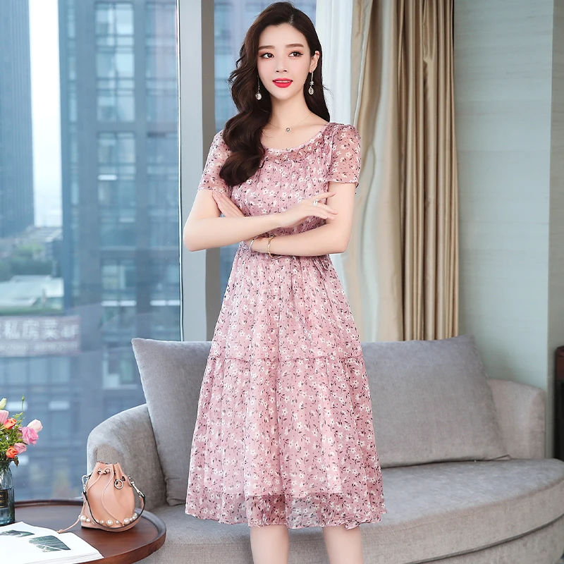 Chiffon Summer Midi Slim Women Pink Casual Dress Long Elegant Korean Lady Plus Size Chic Short Sleeve Runway Vestido De Fiesta