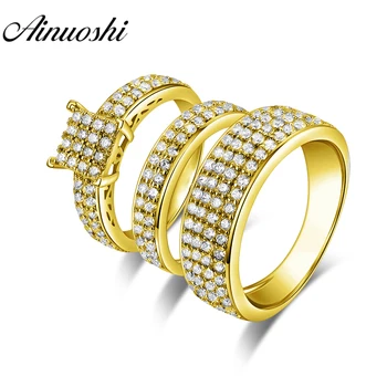 

AINUOSHI Real 14K Gold TRIO Ring Set Engagement Jewelry 14K Yellow Gold Couple Wedding Ring Pave Setting Band Cluster Ring Set