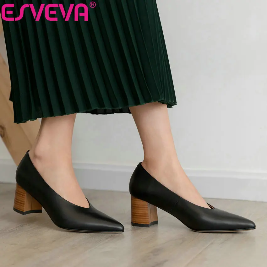 

ESVEVA 2019 Women Pumps Autumn Sandals Square High Heels Shallow Elegant Spring Pointed Toe Pumps Women Shoes Slip on Size 34-39
