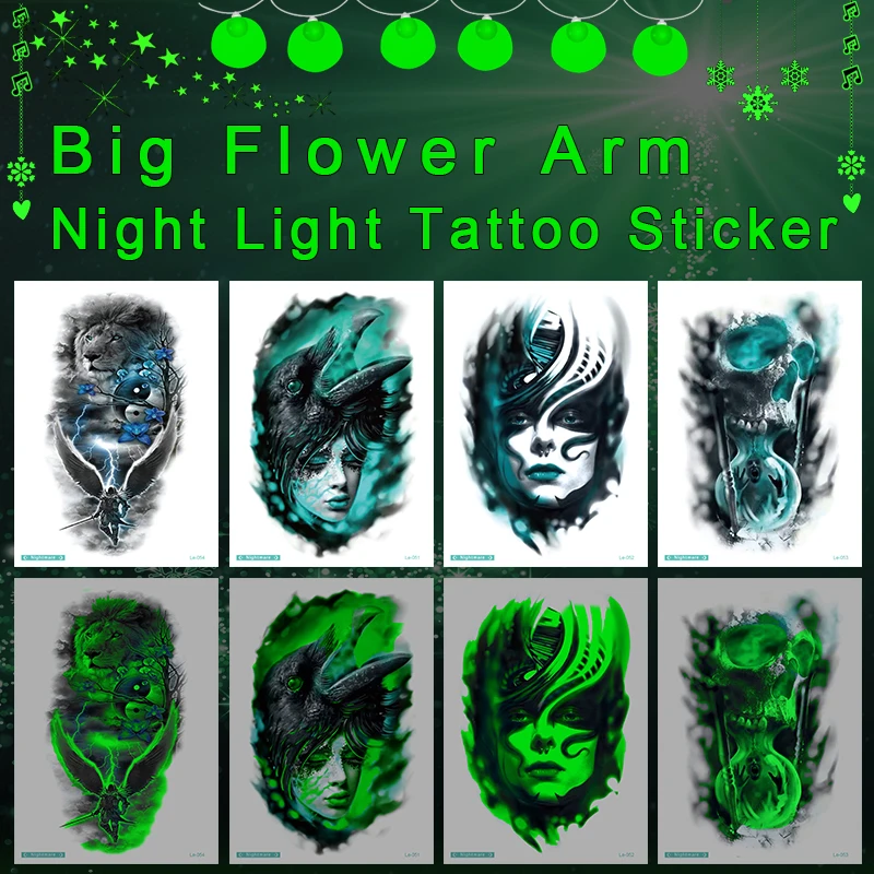 

New 2019 Luminous Temporary Body Art Tatoo For Glowing in the dark Green giant Paint Fake Glitter Tattoo Stickers.