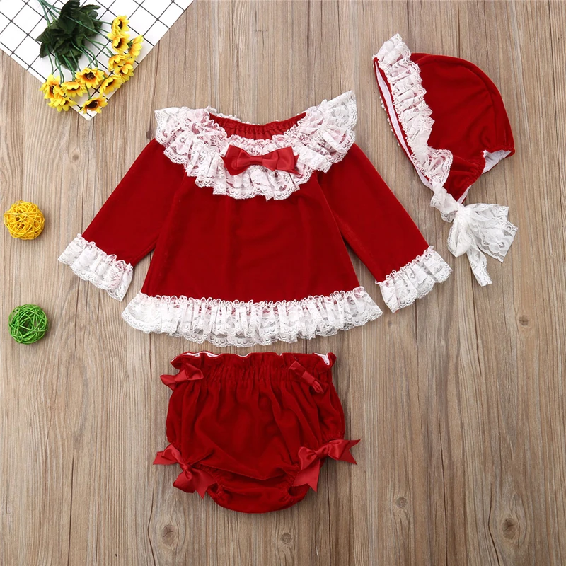 

2019 Spring Toddler Kids Baby Girls Clothes Set Long Sleeve Lace Velvet Tops Dress Pants Shorts Hat Princess Outfit Costume 3Pcs