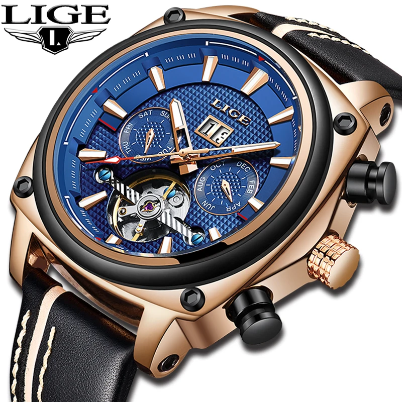 

LIGE Mens Watches Top Brand Luxury Tourbillon Automatic Watch Men Leather Waterproof Clock Military Sport Watch Mechanical Watch