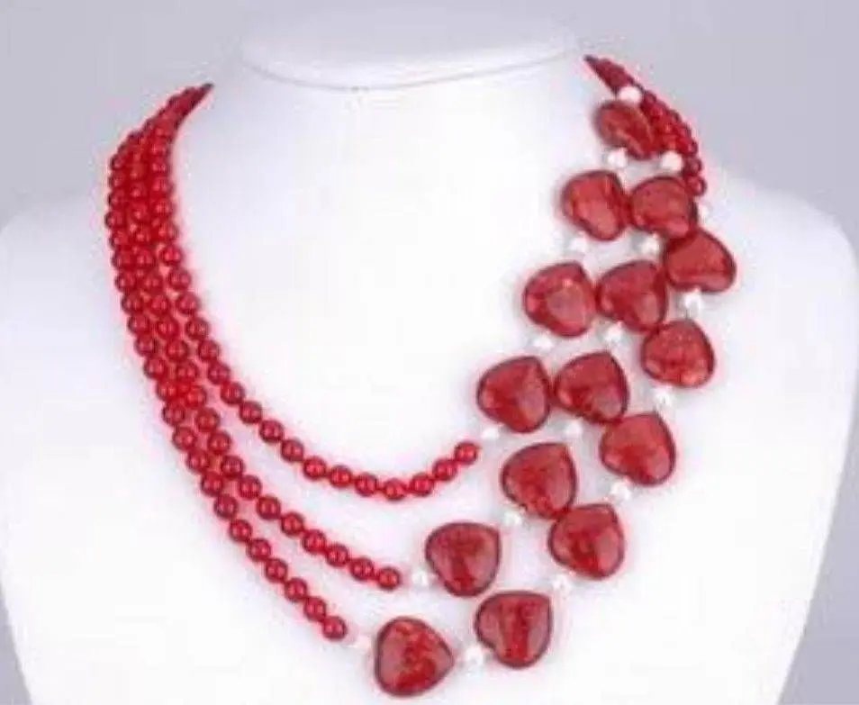 

Charming jewelry 3 Rows Red Heart Ruby White Pearl Necklace (A0511)