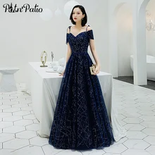 Милое с открытыми плечами блестящее расшитое блестками темно-синее платье для выпускного вечера длинное Новое ТРАПЕЦИЕВИДНОЕ платье в пол размера плюс платья для выпускного вечера