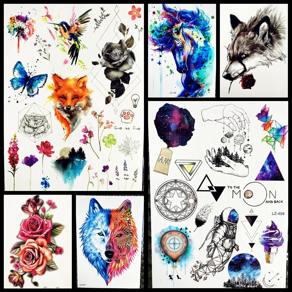 10 Renard Oiseaux Henné Rose Fleur Corps Bras Manchon Delphinium Temporaire Tatouage Pissenlit Transfert Deau Tatouage Autocollant Sweatpea