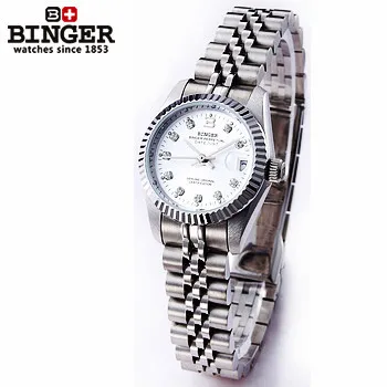 High Quality Ladies Binger Automatic Mechanical Skeleton Watches Womens Full Steel Dress White Gold Silver Dial