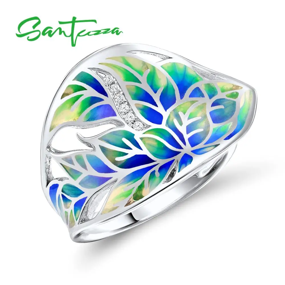 

SANTUZZA Rings for Women Colorful Transparency Enamel Leaf Ring White Cubic Zirconia Stone Ring Party Fashion Jewelry HANDMADE