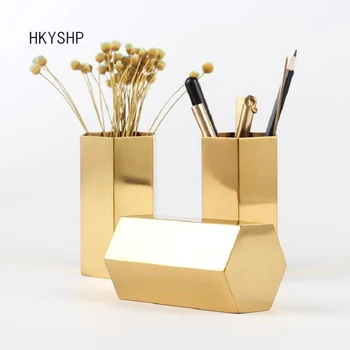 

HKYSHP Creative hexagonal pen holder stainless steel hexagonal golden vase metal storage tube decoration school office supplies