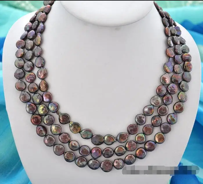 

Free shipping hot sale Women Bridal Wedding Jewelry >>3row 21" 11mm coin black freshwater pearl necklace