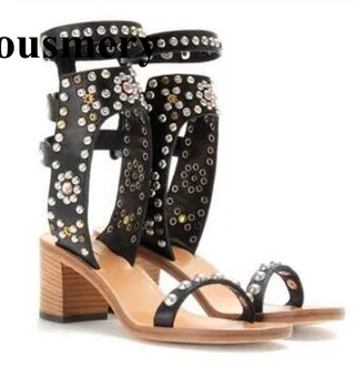 

Women Hot Ankle-Wrap Sandals Open-Toe Studded Crystal Embellishment Chunky Heels Summer Sandals Shoes Women Gladiator Style