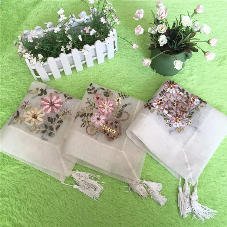 

Ribbon Elegant Embroidery Table Runner Pastoral Fabric Tea tablecloth, Luxury Table mat table Cover for decoration