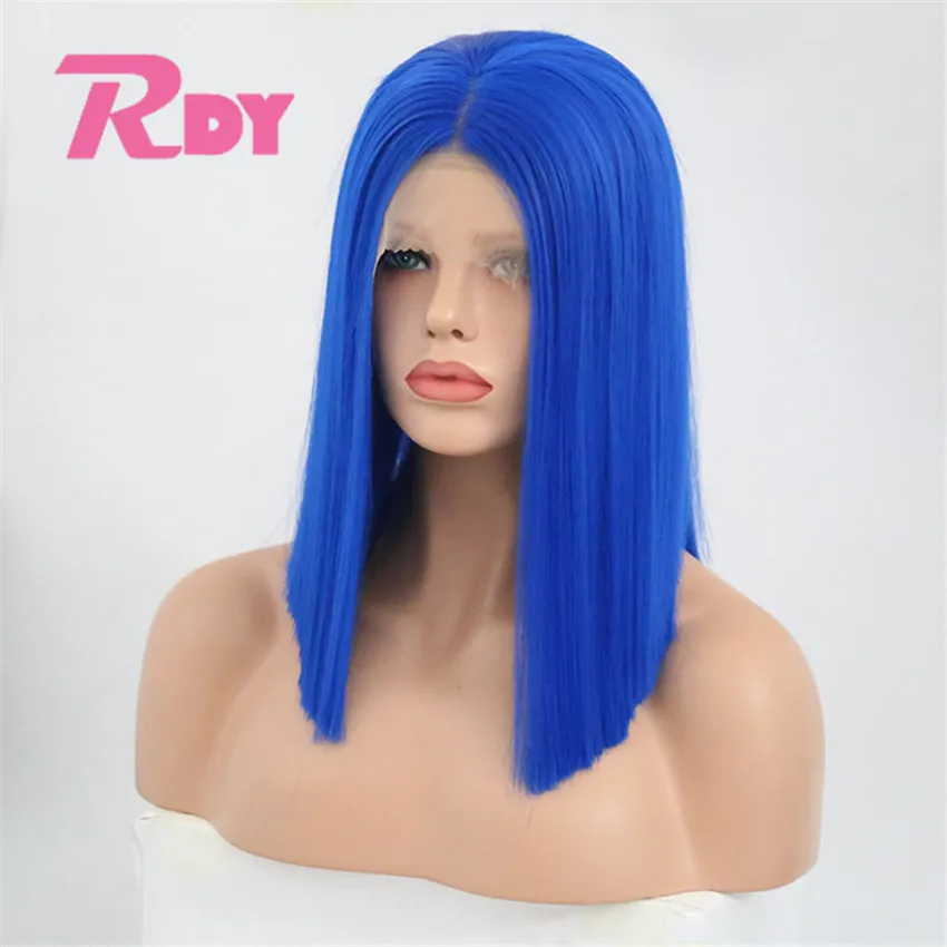 RONGDUOYI шелк причёска Боб с прямыми волосами парик для женщин 10-16 дюймов средняя часть Синий Синтетические волосы Косплей Кружева передние парики с детскими волосами