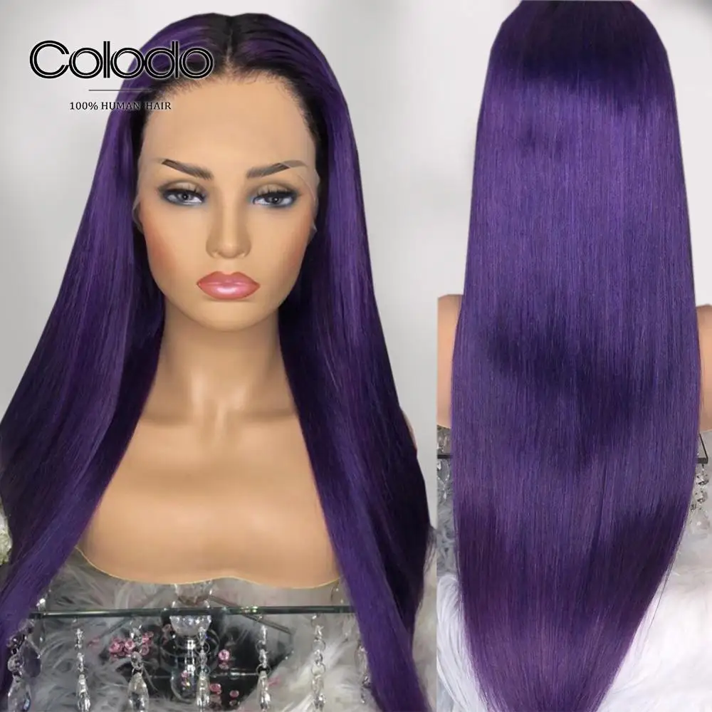 

COLODO Grape Purple Lace Front Human Hair Wigs Pre Plucked #1B Roots Brazilian Remy Straight Lace Front Wig with Baby Hair