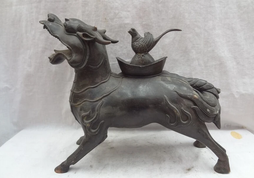 

S5444 13" Chinese Bronze Animal Wealth Dragon Kylin Unicorn Zun Bird Statue Sculpture D0318
